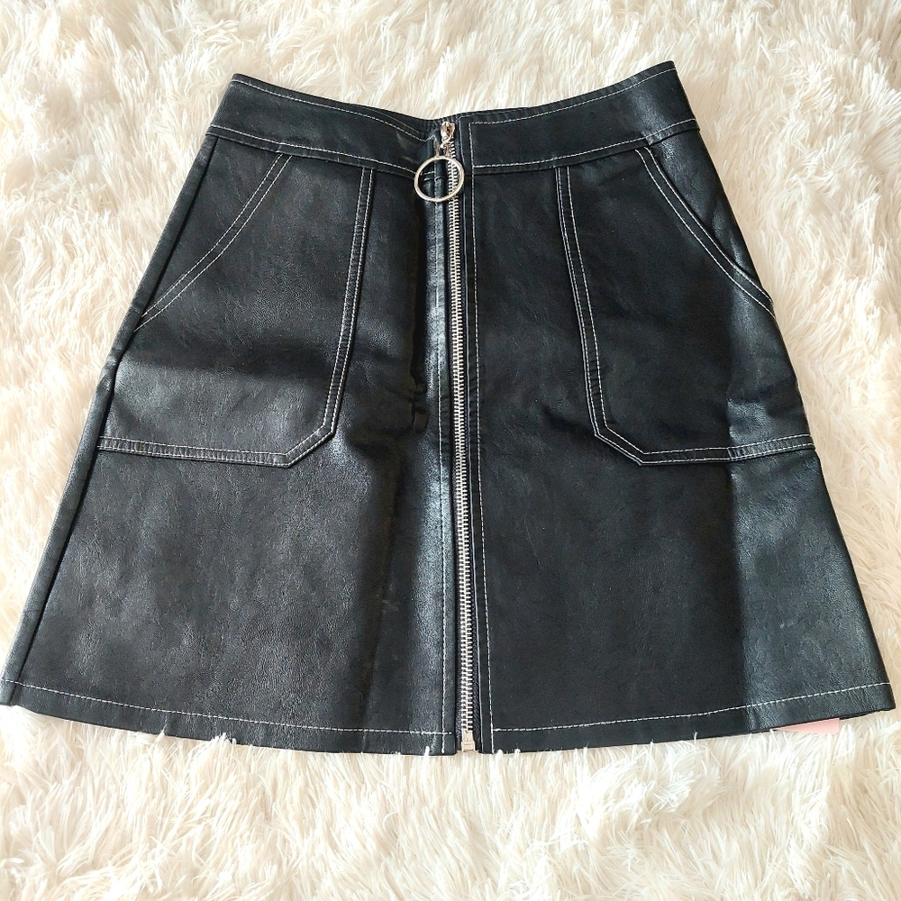 Micas Black Faux Leather Zip-Front A-Line Skirt NWT